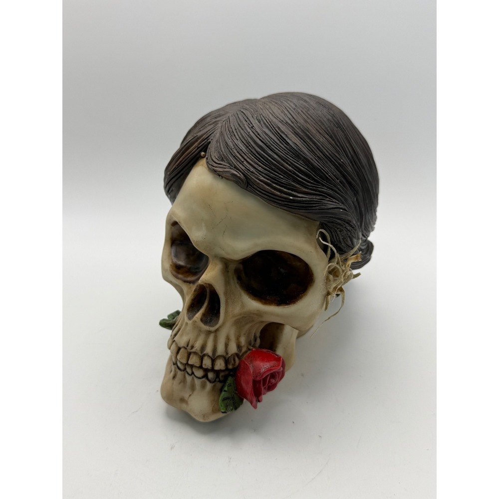 Rainforest Flora Day of the Dead Skull with Tillandsia Air Plant Red Rose